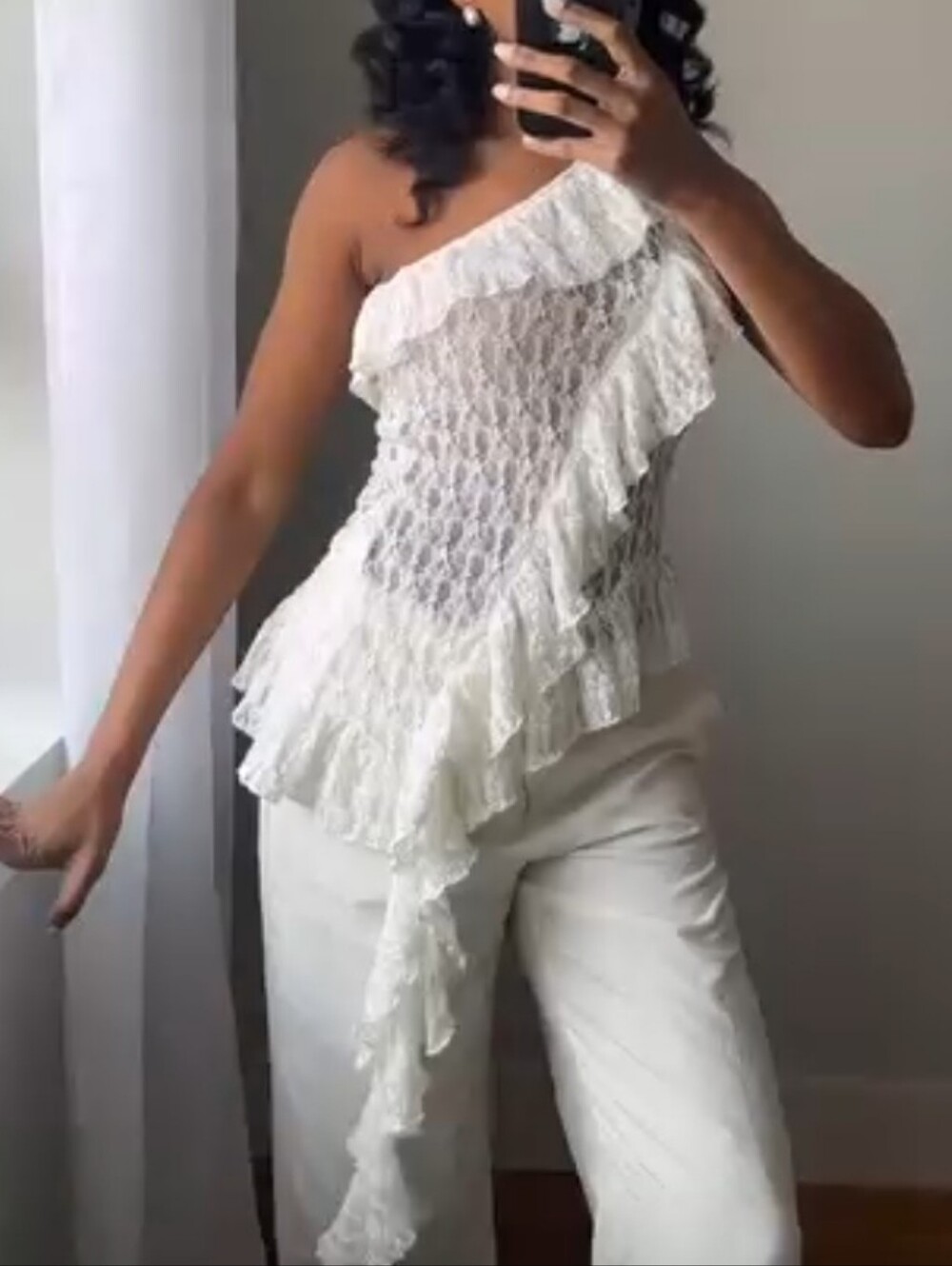 Zara Lace Asymmetric Ruffled Stretchy Top White M NWT - Picture 6 of 14